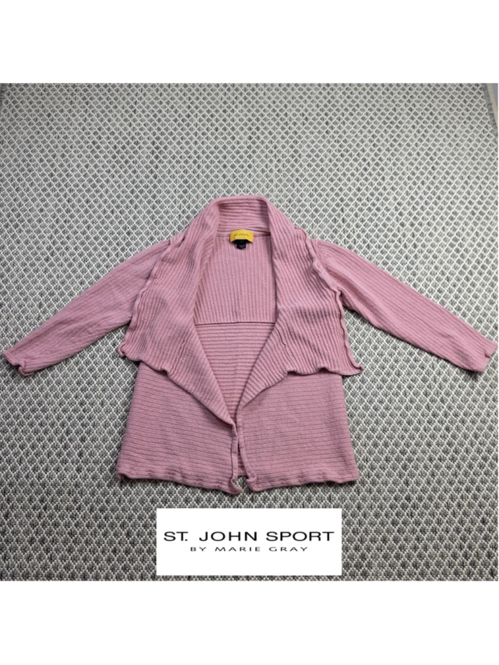 St. John Sport Marie Gray Ribbed Open Front Cardigan Sweater Pink Women’s S